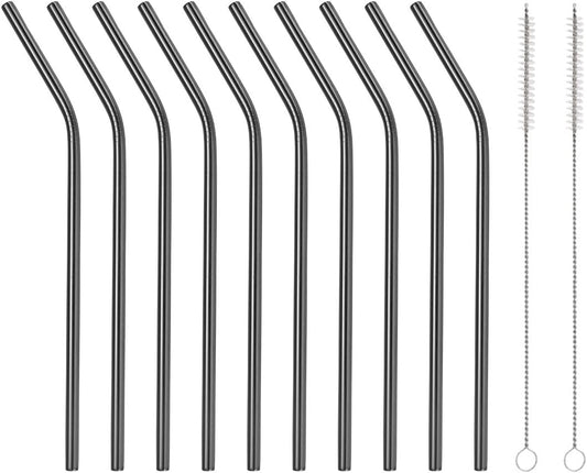 10 Pcs Stainless Steel Straws, Reusable Drinking Straws, Bent Metal Straw Sets with 2 Pcs Cleaning Brushes (Black, 10.5 Inch)