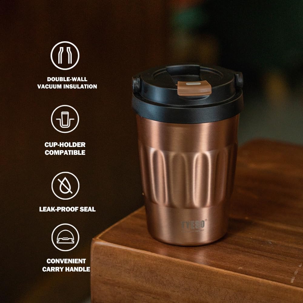 TYESO Stainless Steel Portable Tumbler with Flip Lid,Travel Mug with Concealed Carry Handle, Leakproof Insulated Coffee Cup (GRAY, 13 OZ)
