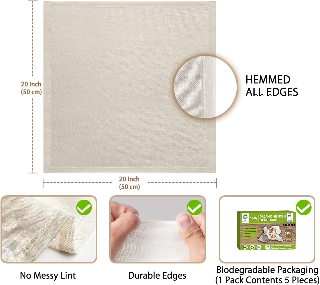 Organic Cheese Cloths, GOTS Certified, 5PCS, Grade 100, 20x20Inch Hemmed Cheese Cloth Fabric Reusable Fine Mesh Cloth, 100% Cotton Unbleached Muslin Cheesecloth for Straining, Cooking, Butter,Tofu,Tea