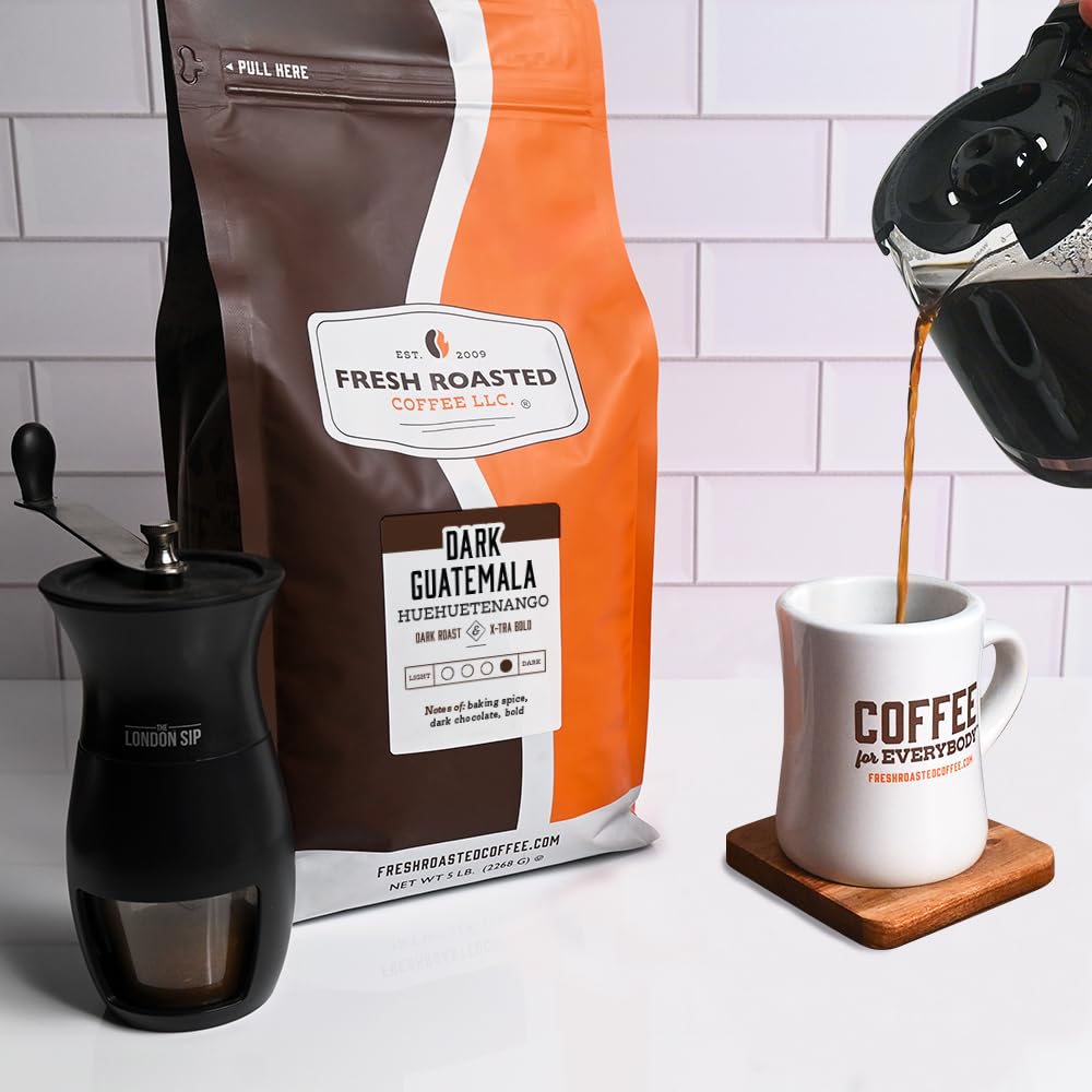Fresh Roasted Coffee, Dark Guatemala Huehuetenango | 5 lb (80 oz) | Single Origin | Dark Roast | Kosher | Ground
