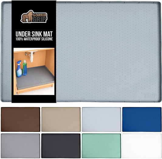 GORILLA GRIP Waterproof Silicone Under Sink Mat with Raised Lip for Kitchen and Bathroom, 34 x 22 in, Cabinet Shelf Liner Stay in Place Mats Dishwasher Safe Drawer Liner, Organizer Tray, Light Grey