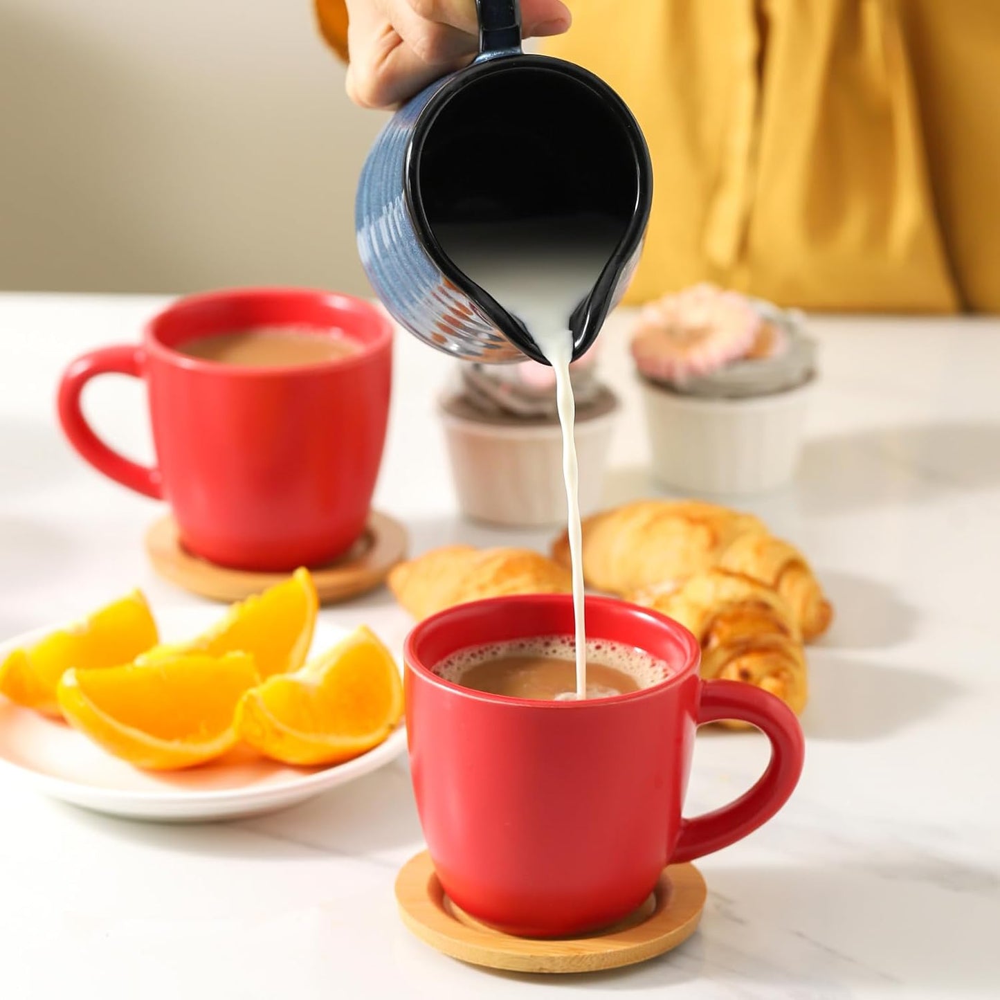 Hasense 8 oz Tea Cups and Saucers Set of 6, Ceramic Coffee Cups with Handle, Latte, Cappuccino, Espresso, Stackable for Party, Home and Kitchen, Red