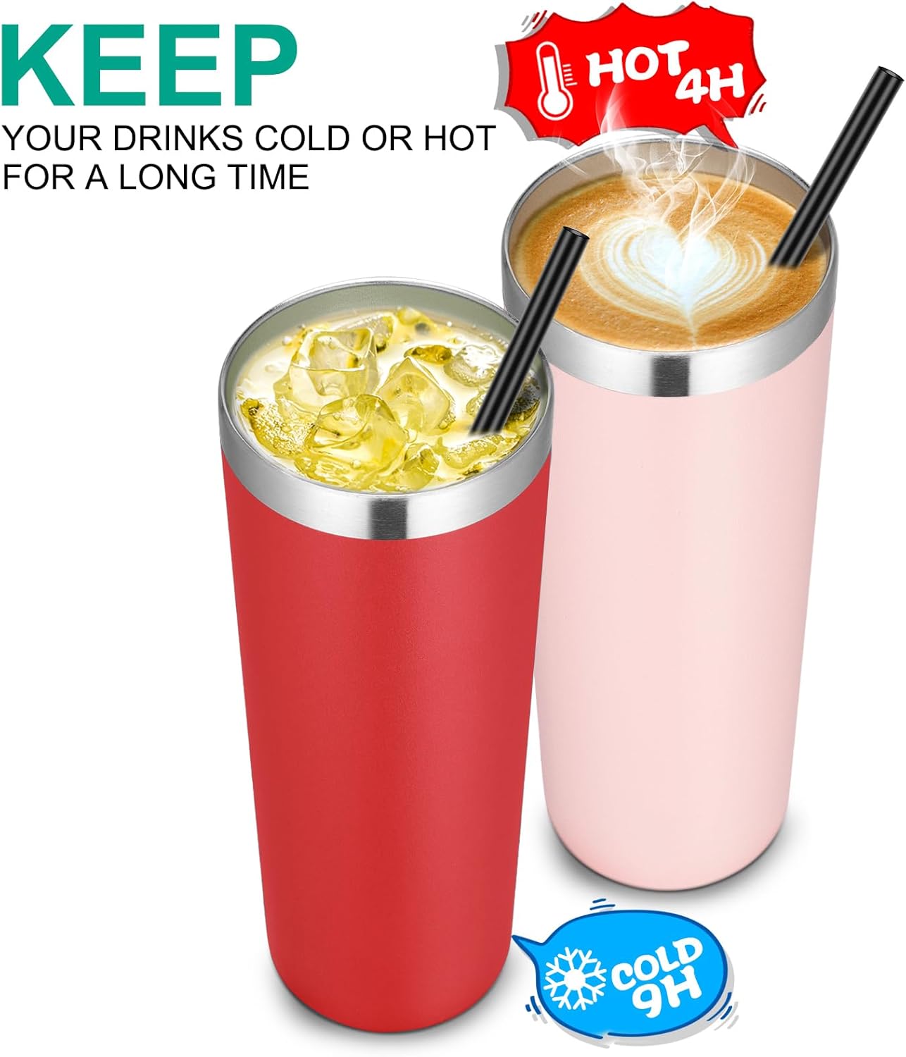 VEGOND 20 oz Stainless Steel Skinny Tumbler with Lids and Straws, 20oz Vacuum Insulated Slim Tumbler Cup, Double Wall Travel Tumblers Bulk for Cold Hot Drinks, Red 6 Pack