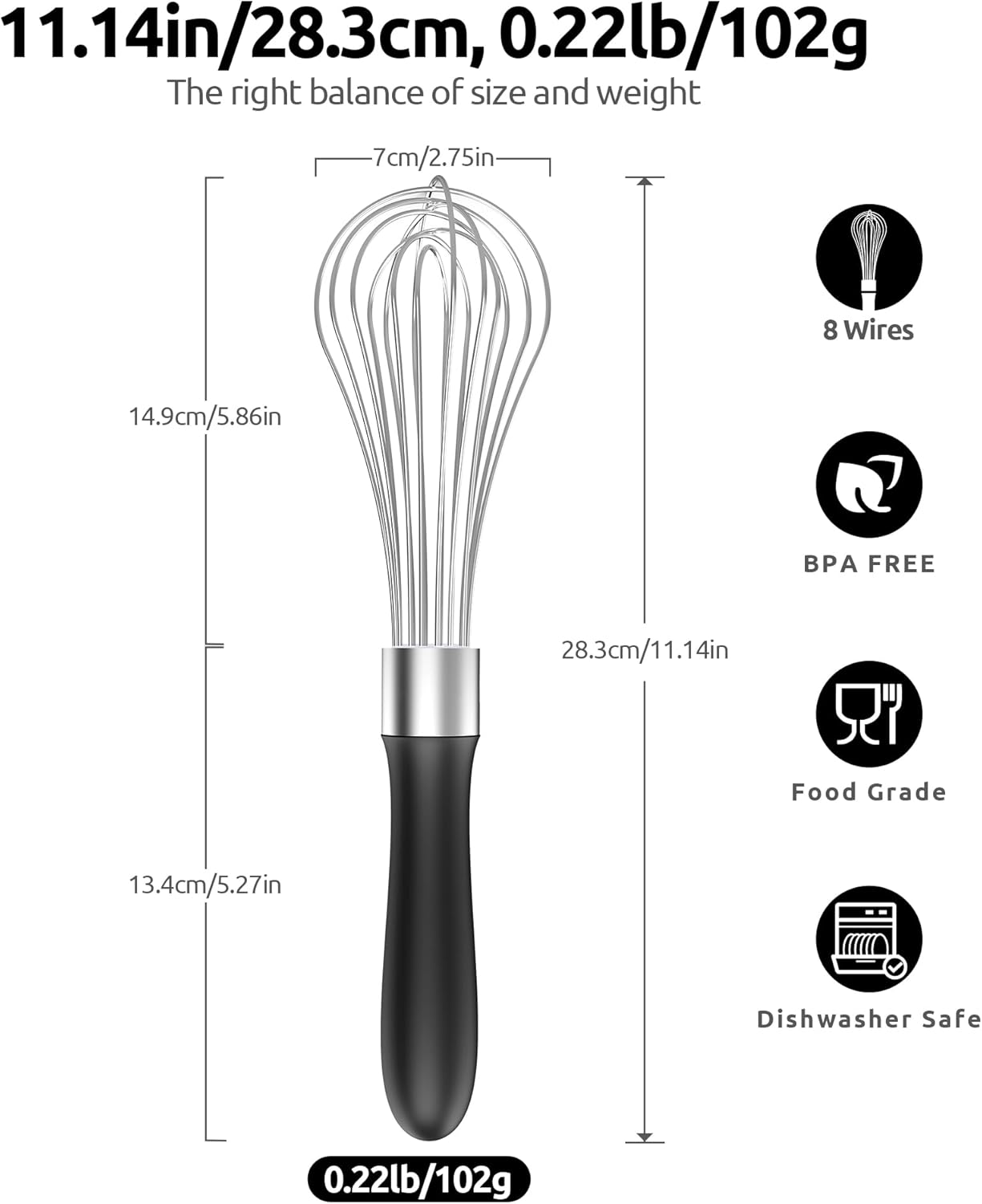 U-Taste Balloon Whisk for Cooking: 18/10 Stainless Steel Kitchen Wire Whisk, Medium Heavy Duty Egg Beater, Manual Baking Mixing Tool with 8 High Flex Wires for Stirring, Blending Sauce (Black)