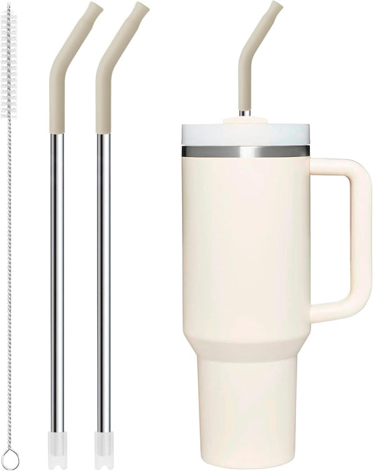 Snowfall Metal Straws for Stanley 40 OZ Tumbler, Long Reusable Stainless Steel Drinking Straws with Silicone Tip for Simple Modern 40 OZ Tumbler (Cream Gray)