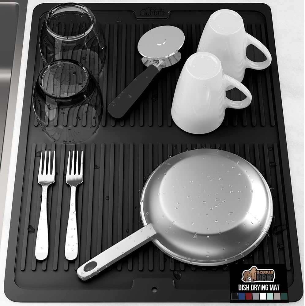 GORILLA GRIP 100% BPA-Free Patented Silicone Dish Drying Mat for Kitchen Counter, 18x24 Inch, Water Catching Ribbed Design, Easy Clean Waterproof Sink Liner, Heat Resistant, Fits Under Rack, Black