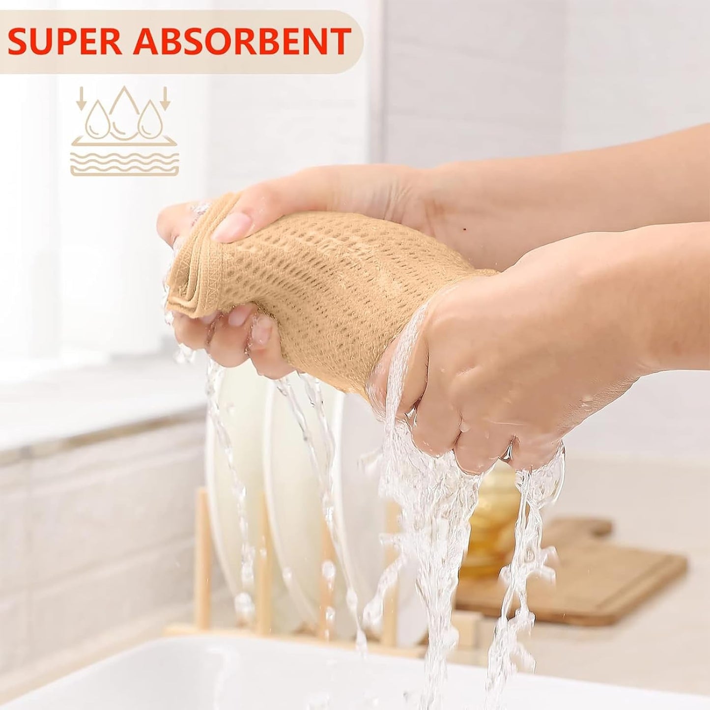 Kitinjoy 100% Cotton Waffle Weave Kitchen Towels (13 X 28 Inches, Apricot), 4-Pack Super Soft and Absorbent Dish Towel for Drying Dishes, Kitchen Hand Towels