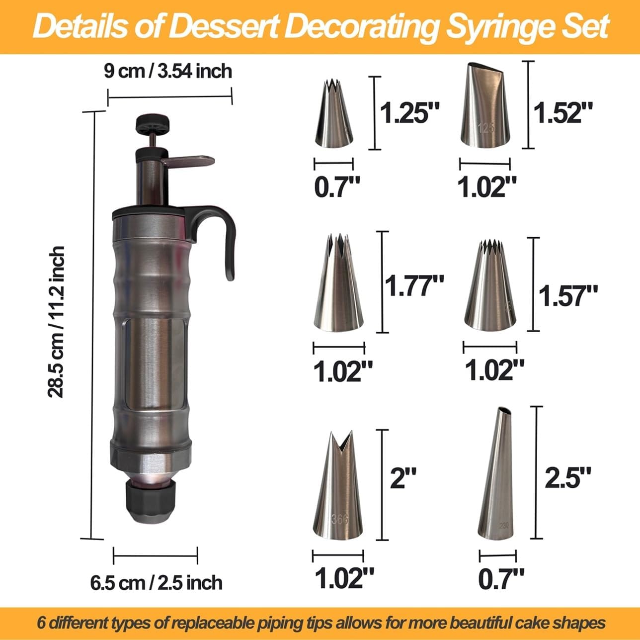 Dessert Decorating Piping Syringe Set Cake Decorating Tool Cookie Gun Press,Icing Decoration Gun,Frosting Piping Kit 6 Piping Icing Nozzles for Baking,Decorating Cupcake,Deviled Eggs (Silver & Black)