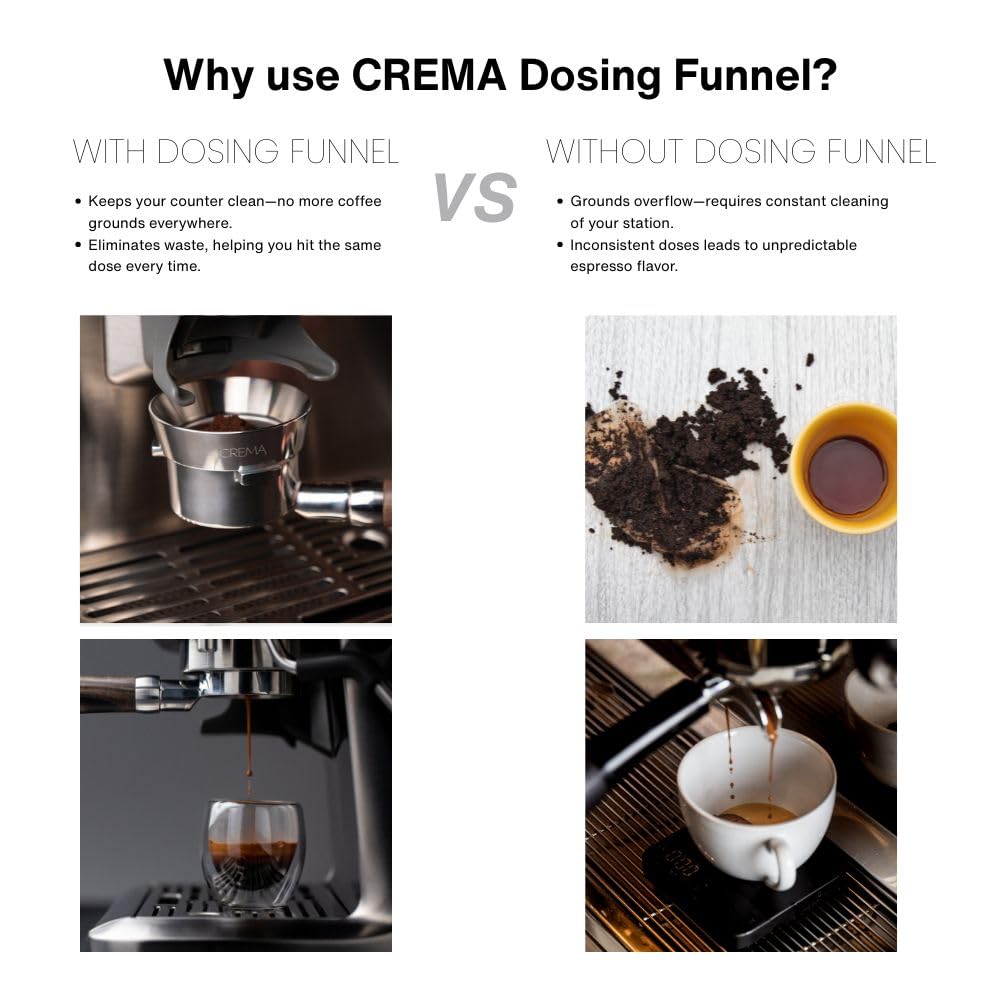 Crema Coffee Products 54mm Dosing Funnel|Compatible with 54mm Breville Portafilter,DualBoiler and OracleEspressoMachines|PreventsSpillage&Waste|DurableStainlessSteel|EasyFit for Clean,ConsistentDosing