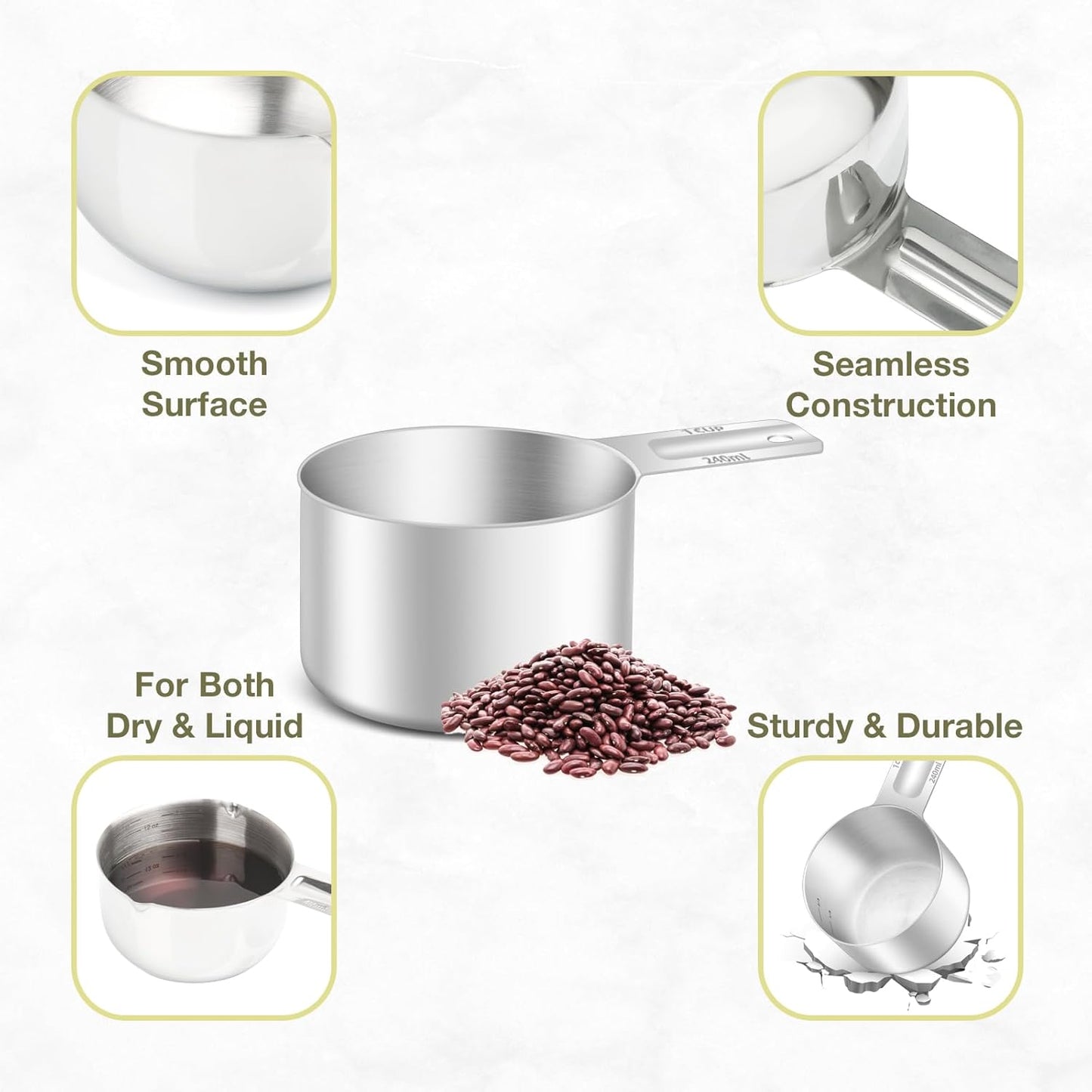 1PCS 1Cup (240ml, 8oz) Single Measuring Cup, Etched Inner Scale Stainless Steel Measure Scoop, Metric and US Measurement, Dishwasher Safe