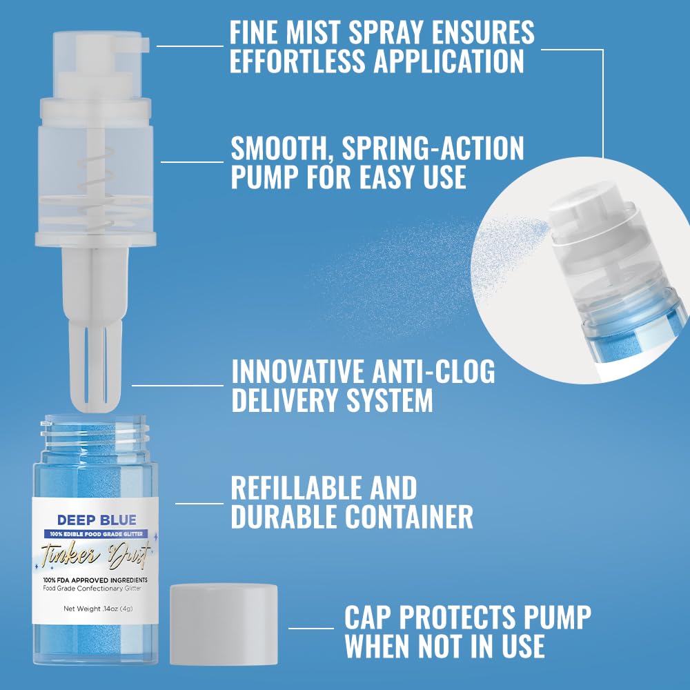 Bakell - Deep Blue Tinker Dust (4g, 1x Mini Spray Pump) Edible Glitter for Food, Desserts, and Beverages!