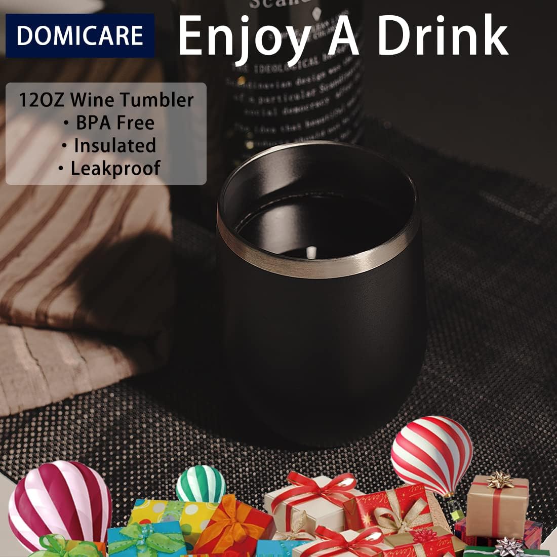 DOMICARE Stainless Steel Wine Tumbler Bulk with Lid, Personalized Insulated Tumblers Set, 12oz Travel Coffee Cups Pack of 1, Black