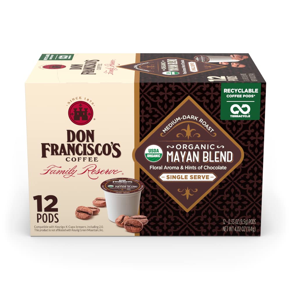 Don Francisco's Organic Mayan Blend Coffee - 12 K-Cup Compatible Single-Serve Pods - 100% Arabica - Bold Flavor with Floral Aroma and Chocolate Hints - Compatible with Keurig Brewers