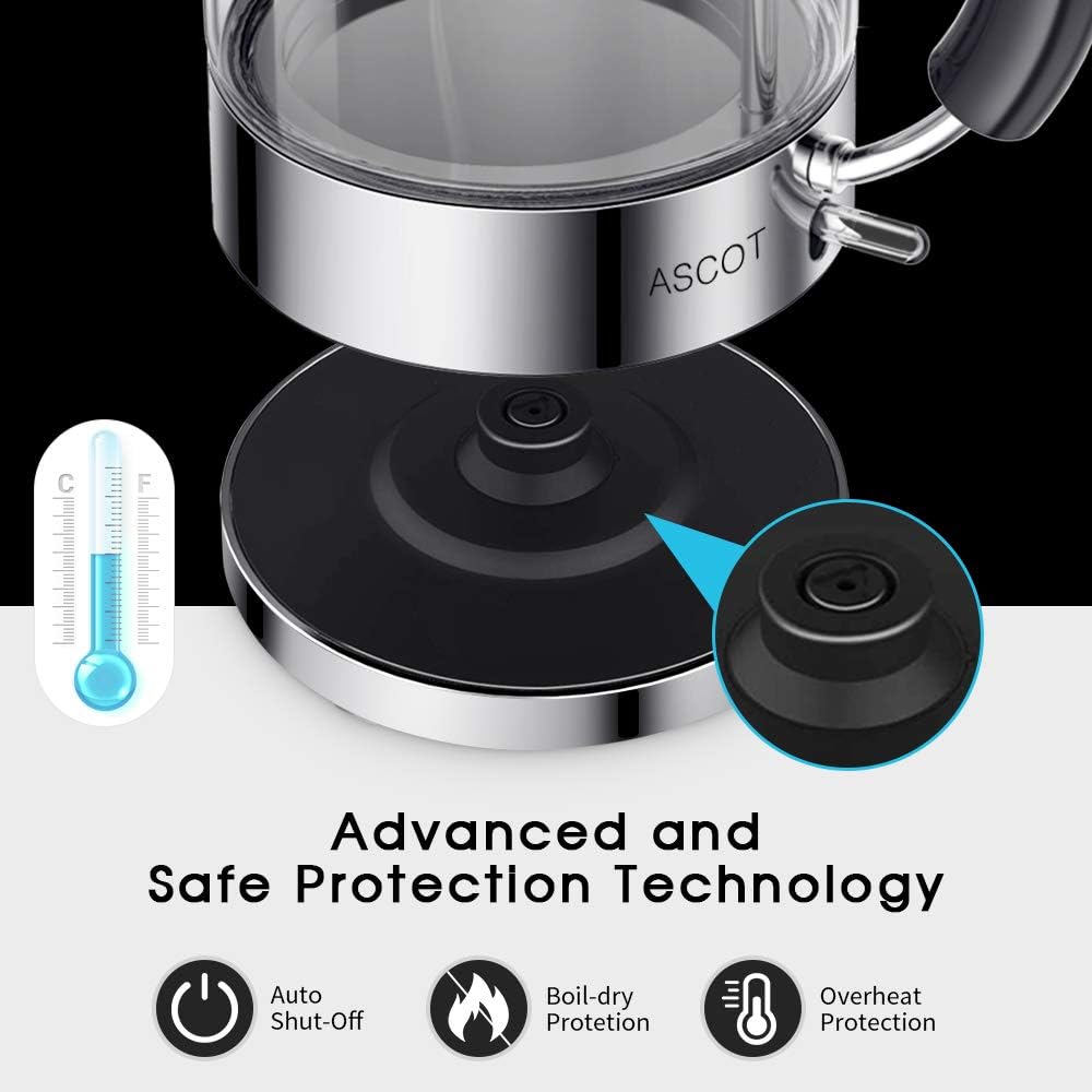 ASCOT Electric Kettle, Glass Electric Tea Kettle Gifts for Men/Women/Family 1.5L 1500W Borosilicate Glass Tea Heater, with Auto Shut-Off and Boil-Dry Protection (Silver)