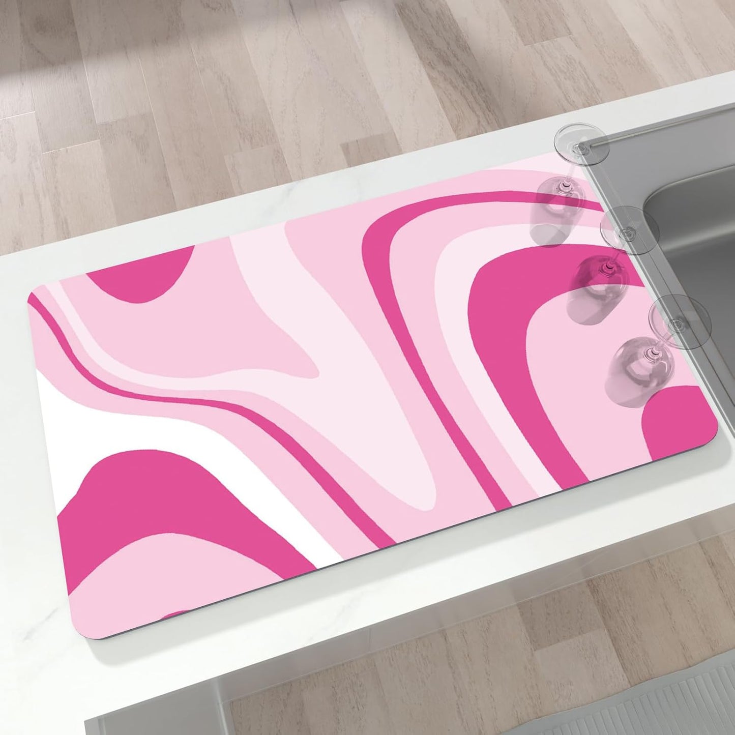 Coffee Bar Mat for Countertop, 17" X 28” Super Absorbent Dish Drying Mat, Large Kitchen Counter Mats Fits Under Coffee Maker, Non-slip Espresso Machine Pad, Pink Abstract