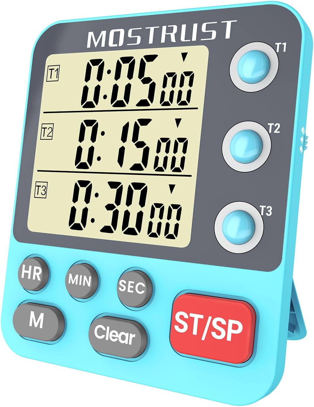 Digital Dual Kitchen Timer, 3 Channels Countdown Triple Timer for Cooking, Magnetic Memory-Preset Large-Display Adjustable Alarm Volume, Multi Times Management, 3A Battery Included, Blue