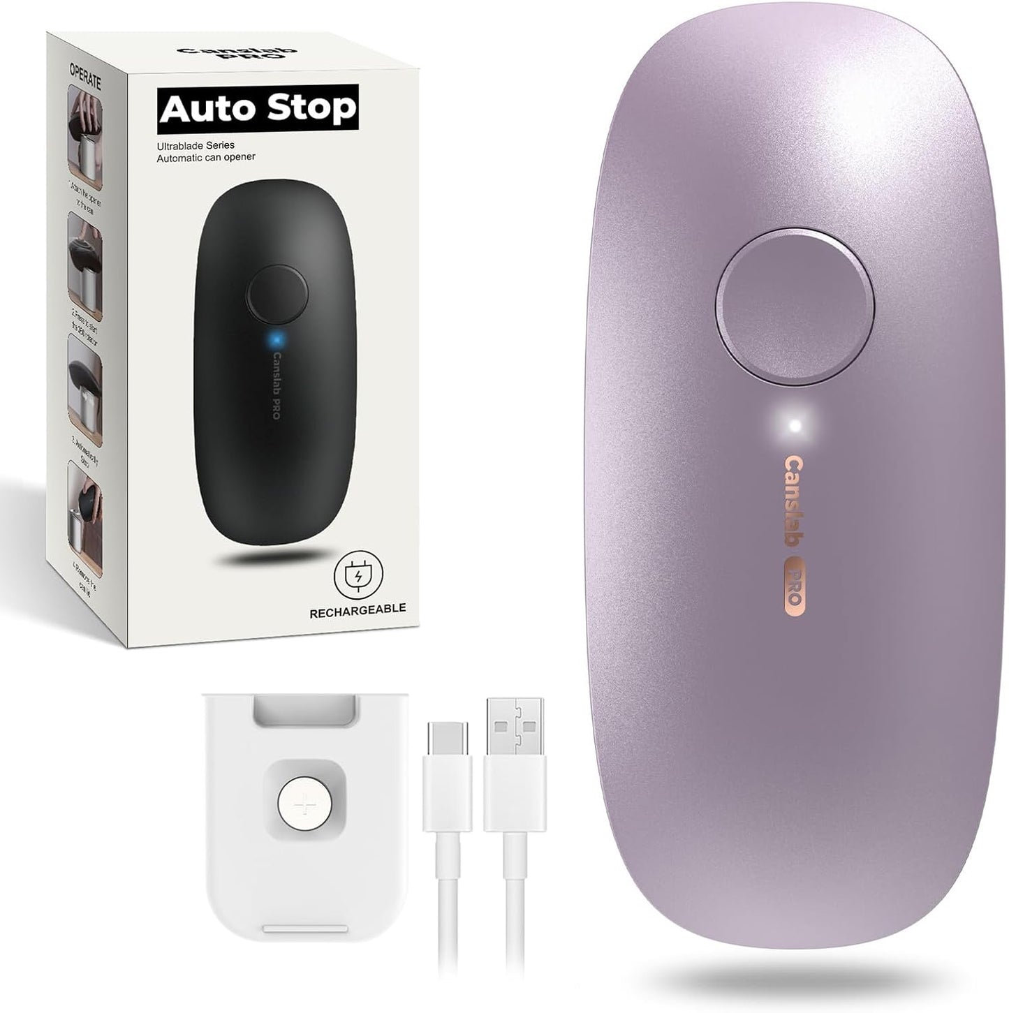 Ultrablade PRO - USB Rechargeable Electric Can Opener for Kitchen for Seniors with Arthritis- Auto Stop One touch Automatic Can Opener, Smooth Edge, Small Size Can Opener, Purple