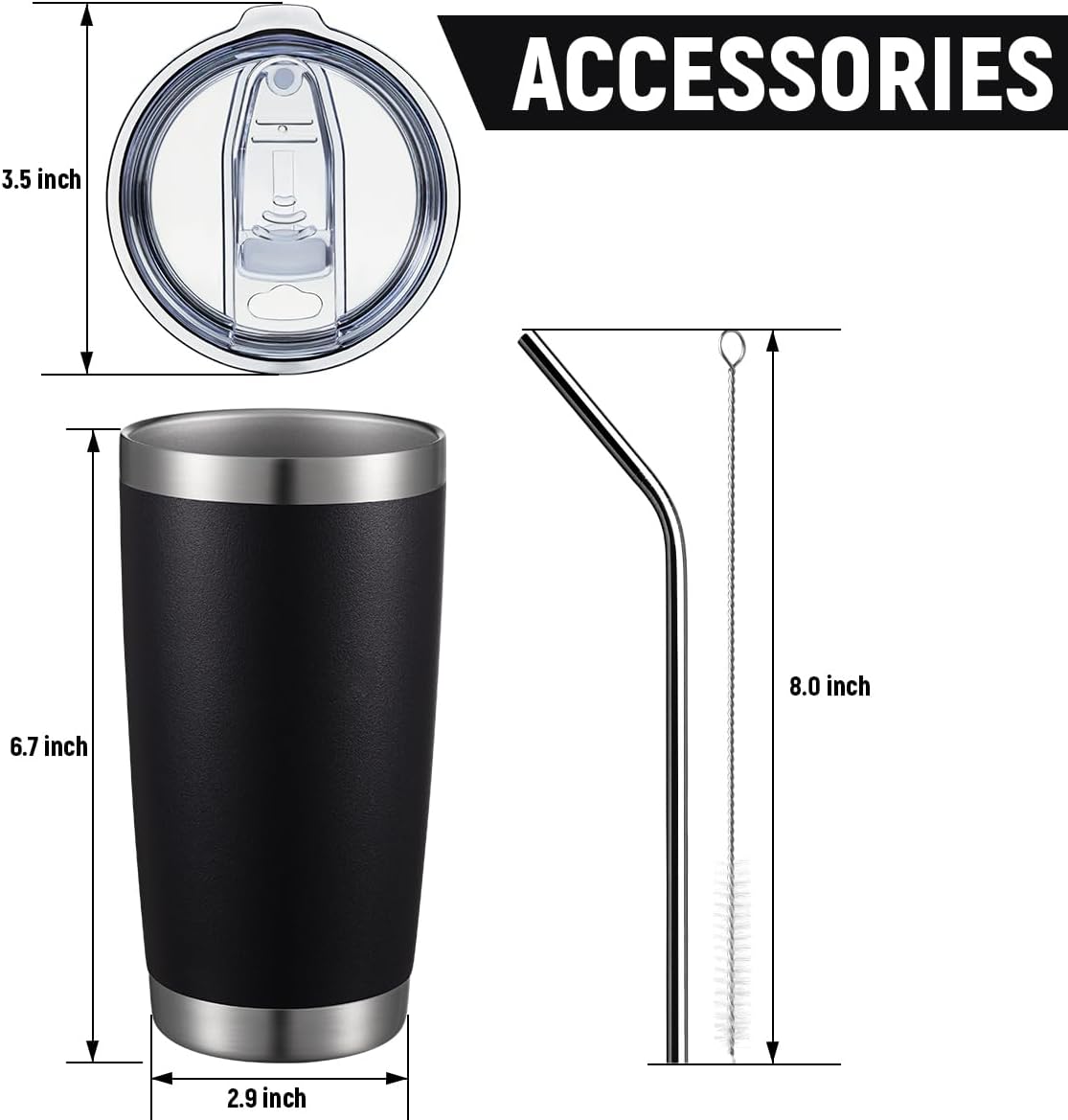 COMOOO 20oz Black Tumbler Double Wall Vacuum Insulated Coffee Travel Mug Stainless Steel Tumbler with Lid and Straw Coffee Cup for Cold Drinks & Hot Beverage, Home and Outdoor (Black, 6 Pack)