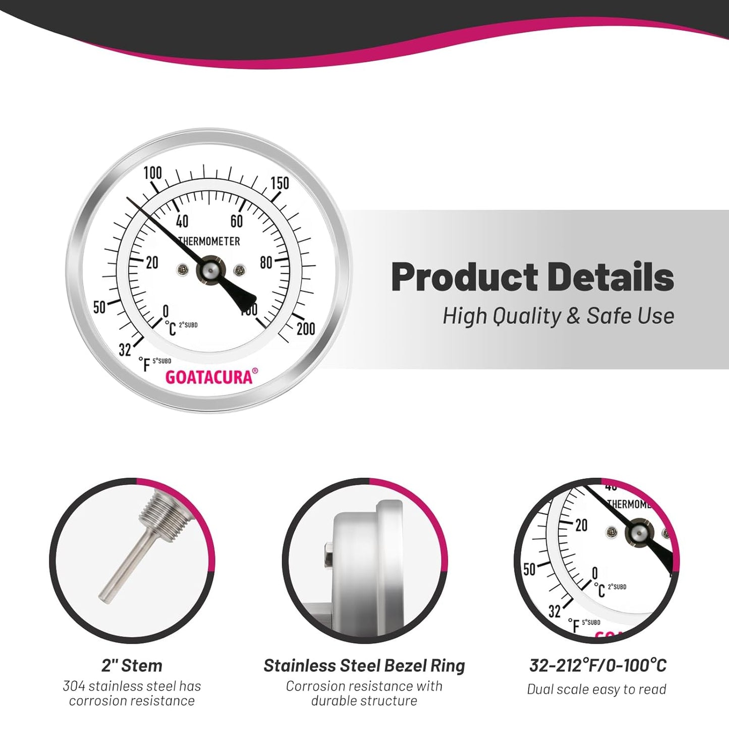 Dial Thermometer for Brewing, 304 Stainless Steel Case and Probe, 3" Dial Size, 2" Stem Length, 32-212 Deg F/0-100 Deg C, 1/2" NPT Back Mount