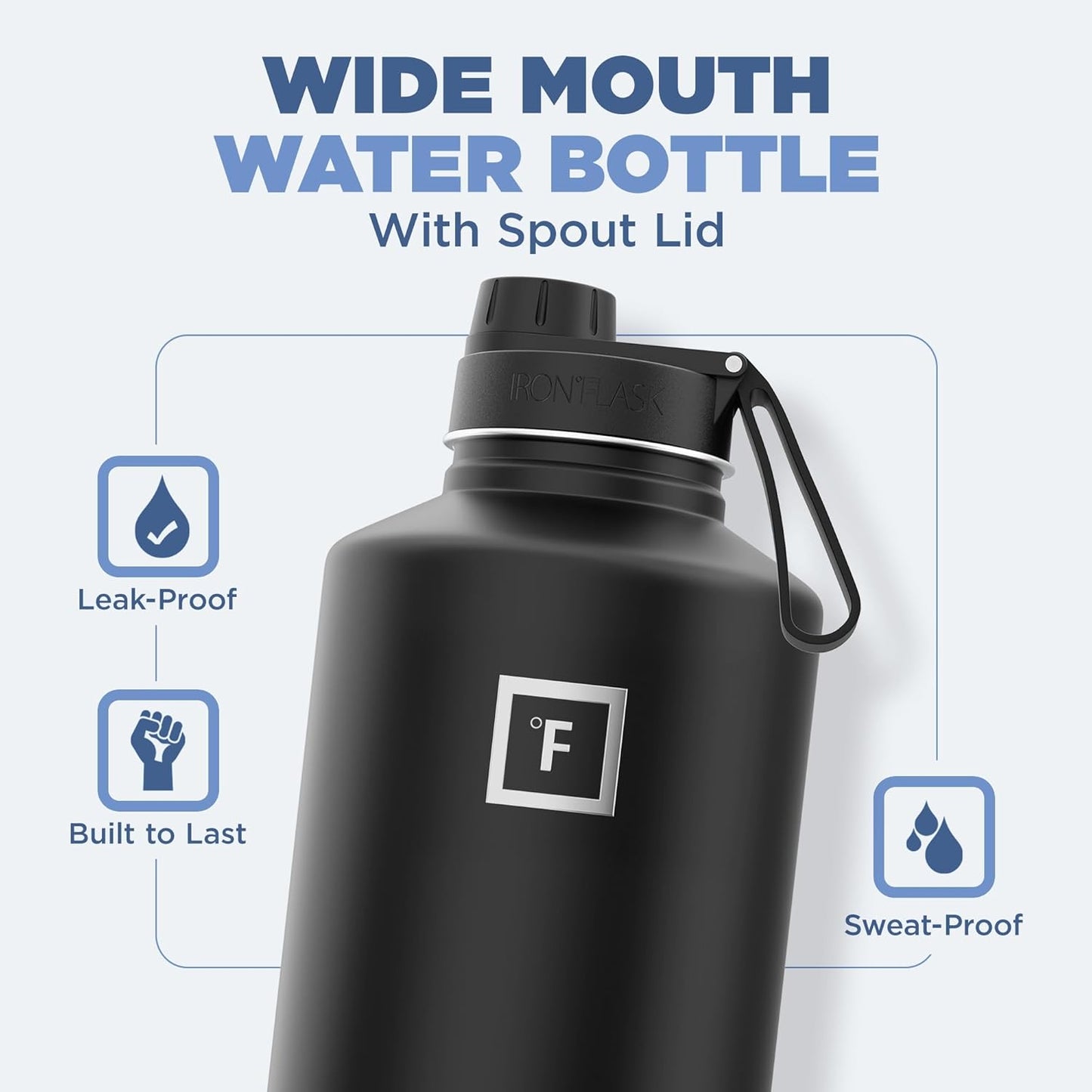 IRON °FLASK Camping & Hiking Hydration Flask with 3 Lids - Stainless Steel, Double Walled & Vacuum Insulated Water Bottle - Leak Proof & BPA Free (Sky, Spout - 64 oz)