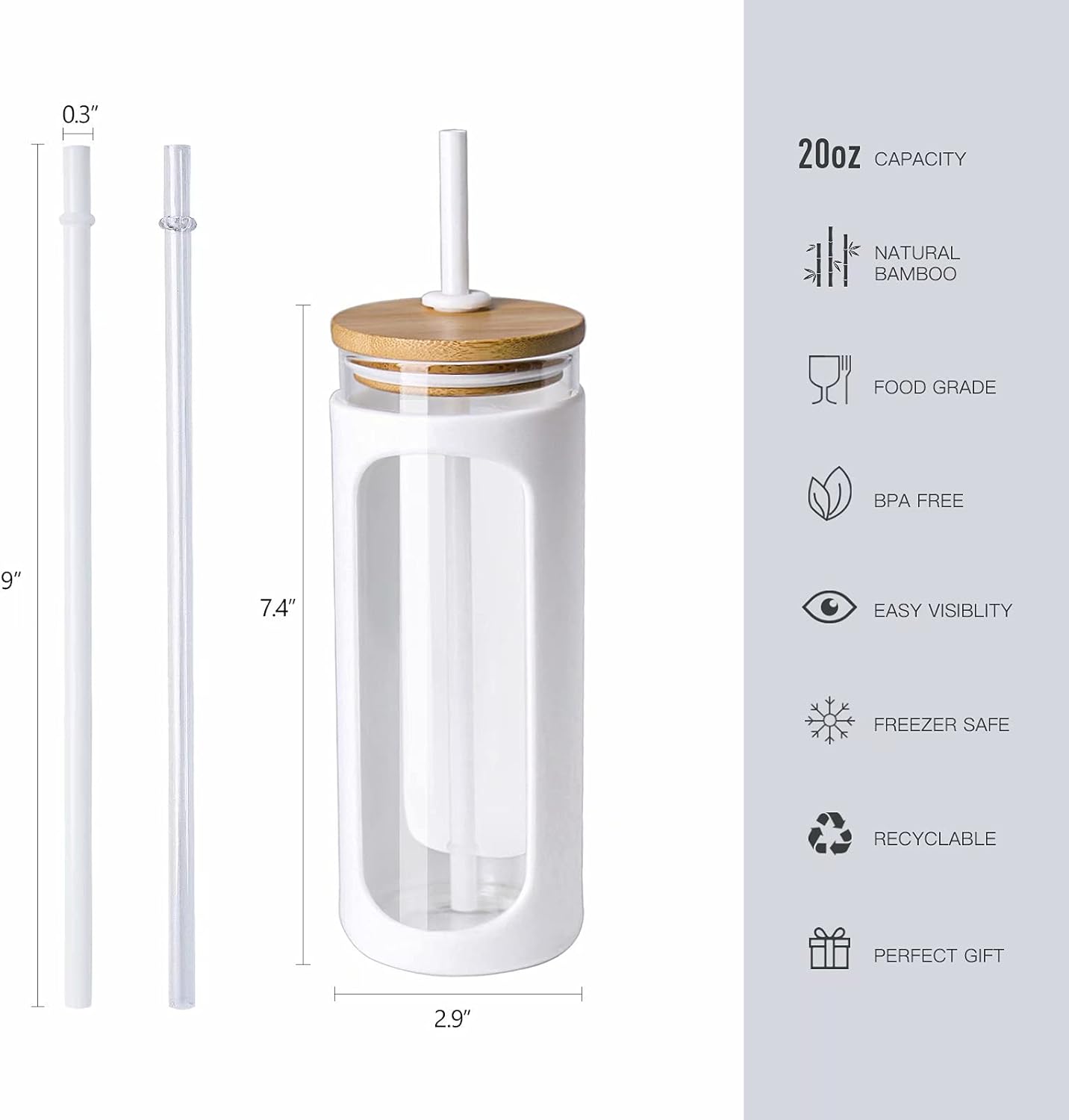 Kodrine 20oz Glass Tumbler with Straw and Lid, Bamboo Lids Water Bottle, Reusable Iced Coffee Cups, Wide Mouth Smoothie Cup with Protective Silicone Sleeve BPA FREE-White+Black-2pack