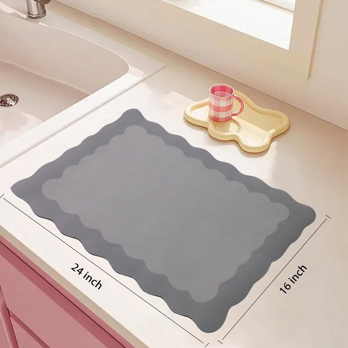 Scalloped Coffee Bar Mat for Countertop, Cute Dish Drying Mats for Kitchen Counter, Diatomite Absorbent Mat for Coffee Station, Kitchen Aesthetic Decor (16"x24", Grey)