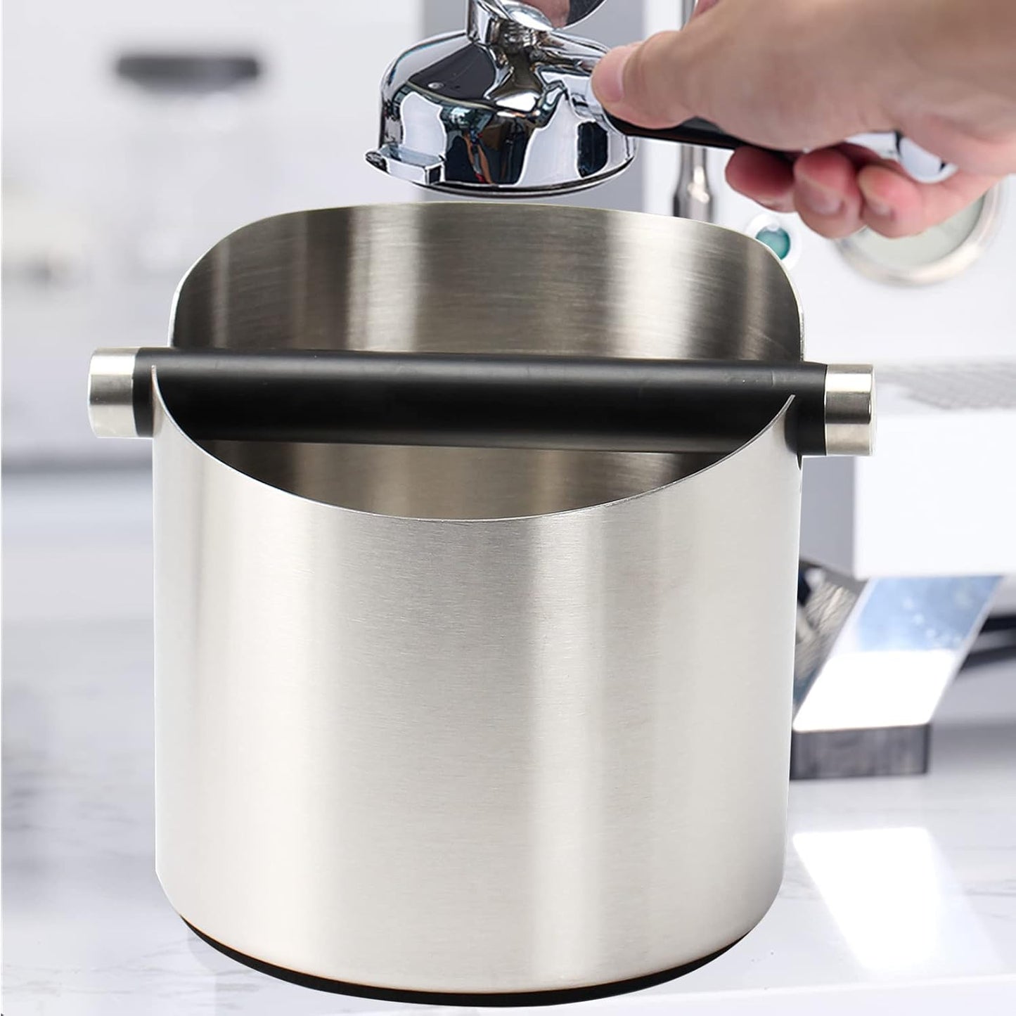 Coffee Knock Box, Espresso Knock Box Stainless Steel Espresso Machine Accessories with Removable Knock Bar and Non-Slip Base Coffee Grounds Container Bin, Large (Silver)