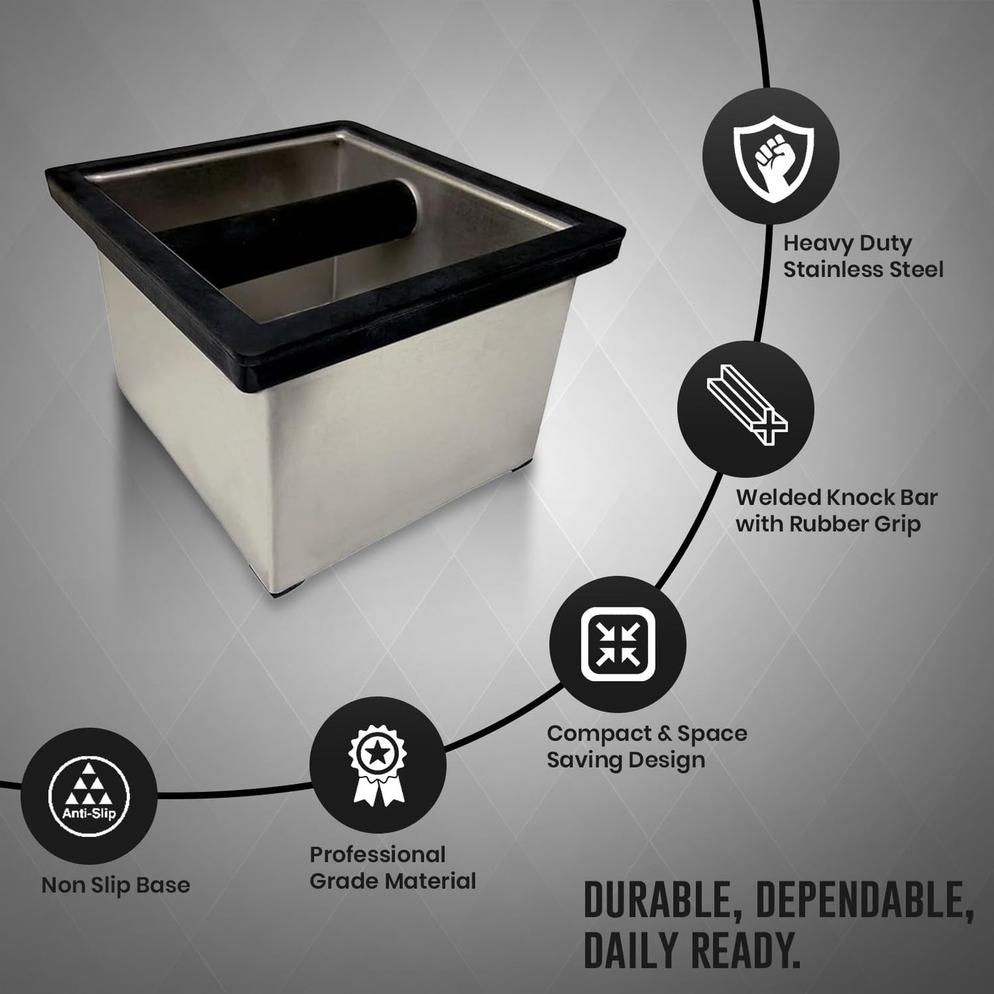 Rattleware Heavy-Duty Stainless Steel Knock Box Espresso Puck Disposal with Welded Bar Splash Guard, Ideal for Home, Cafe, Restaurant, Hotel, Coffee Bar, or Espresso Station (6" x 5.5" x 4")