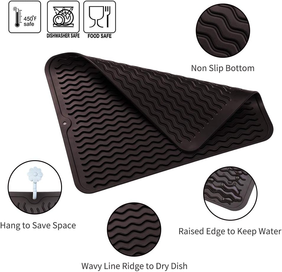 Silicone Dish Drying Mat for Multiple Usage,Easy clean,Eco-friendly,Heat-resistant Silicone Mat for Kitchen Counter or Sink,Refrigerator or drawer liner Coffee L 16 inches x 12 inches