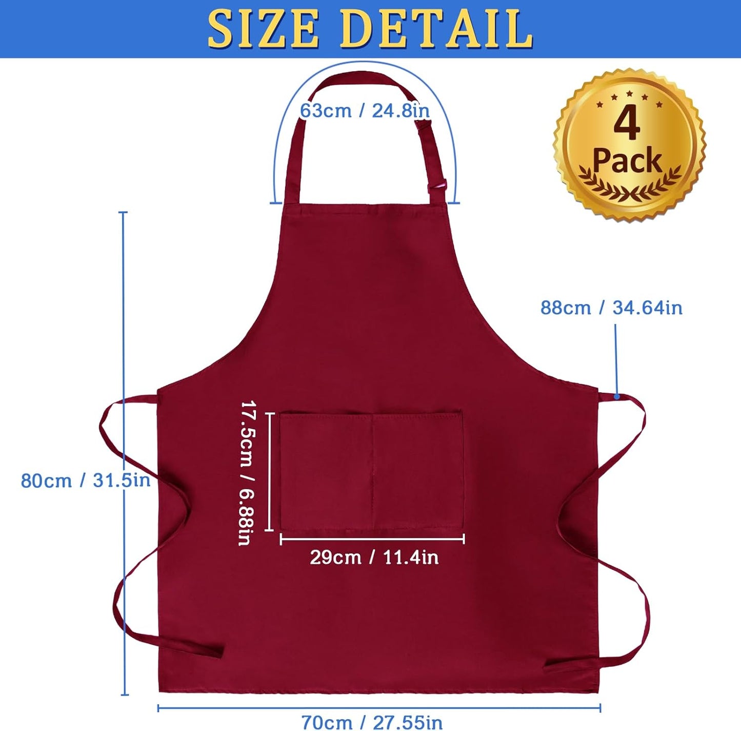 4 Pack Chef Apron, Adjustable Apron with 2 Pockets, Unisex Personalised Apron for Cooking, Kitchen, Restaurant