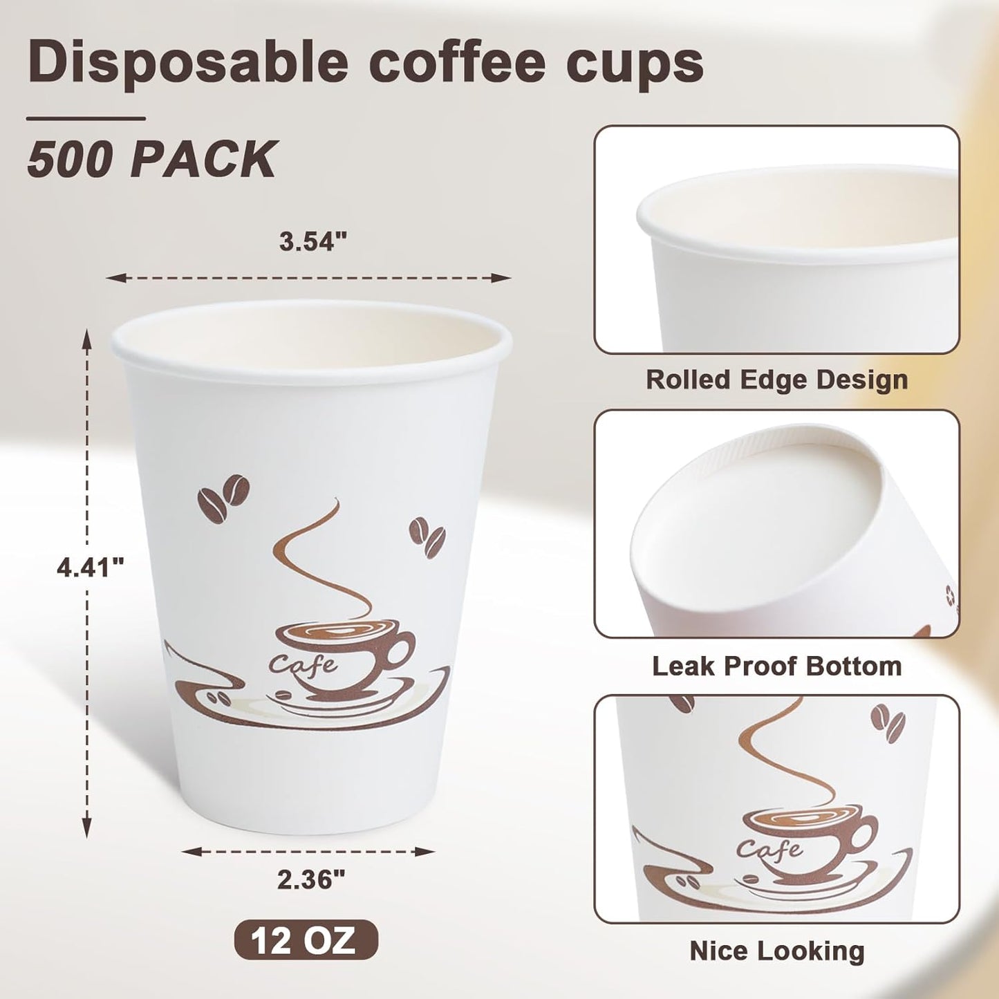 Lamosi 500 Pack 12 OZ Coffee Cups, Disposable Paper Cups for Hot/Cold Beverage, Disposable Cups 12 oz, Leak-Free Paper Coffee Cups for Cafe, Restaurant, Office and Home