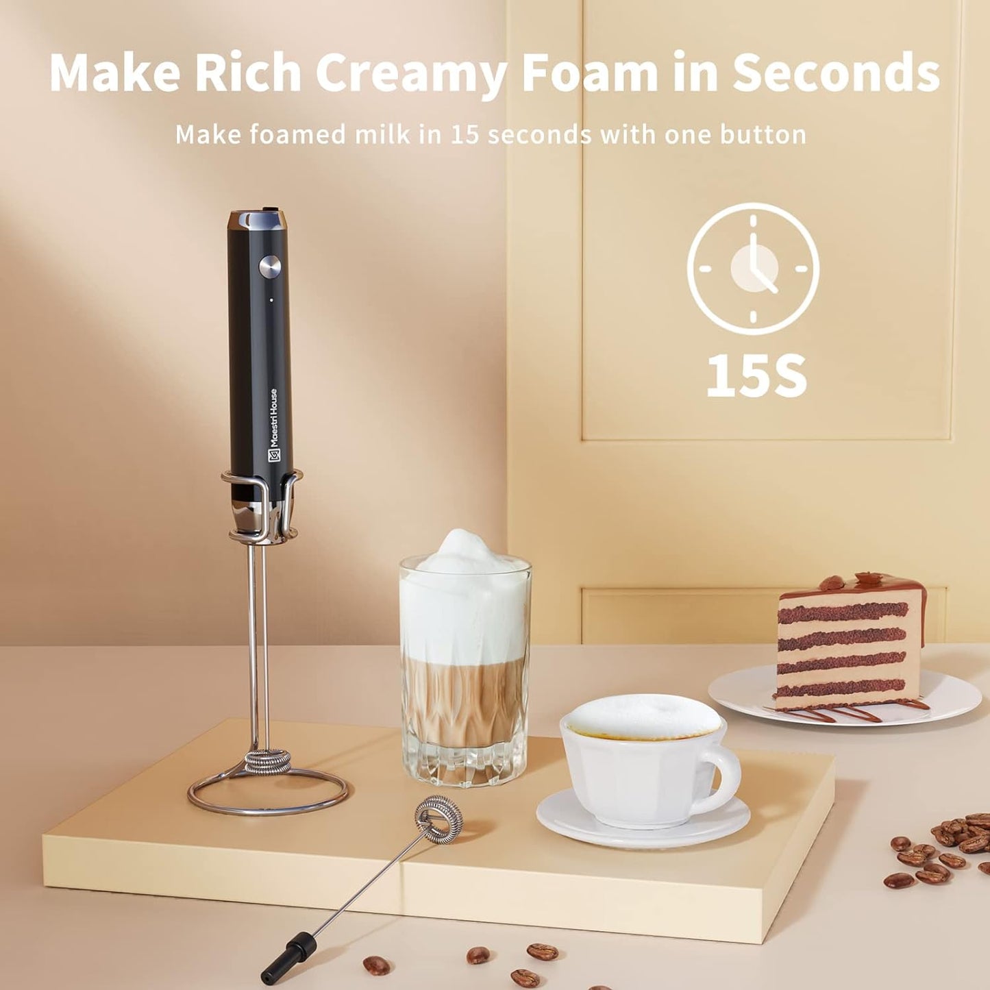 Maestri House Rechargeable Milk Frother with 3 Heads, LunaFro AS Handheld Electric Foam Maker Waterproof Detachable Stainless Steel Whisk Drink Mixer Foamer with Stand for Lattes, Cappuccino, Egg