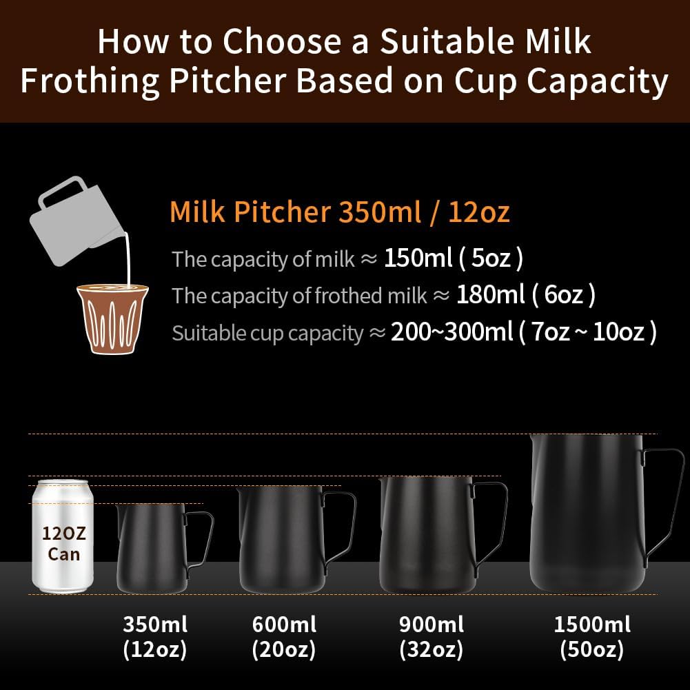 watchget Milk Frothing Pitcher 350ml/600ml/900ml/1500ml (12oz/20oz/32oz/52oz) - Stainless Steel Espresso Steaming Pitcher for Cappuccino, Latte Art, Milk Jug Coffee Frother Cup, Black