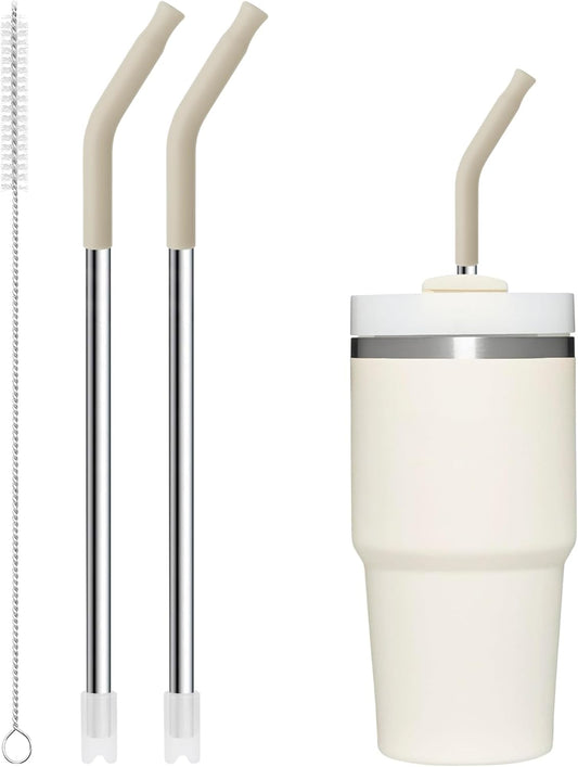 Snowfall 2 Pcs Replacement Metal Straws for Stanley 14 OZ, 20 OZ Tumbler, Stainless Steel Straws with Silicone Tip for 20 OZ Tumbler, Straw Brush (Cream Gray)