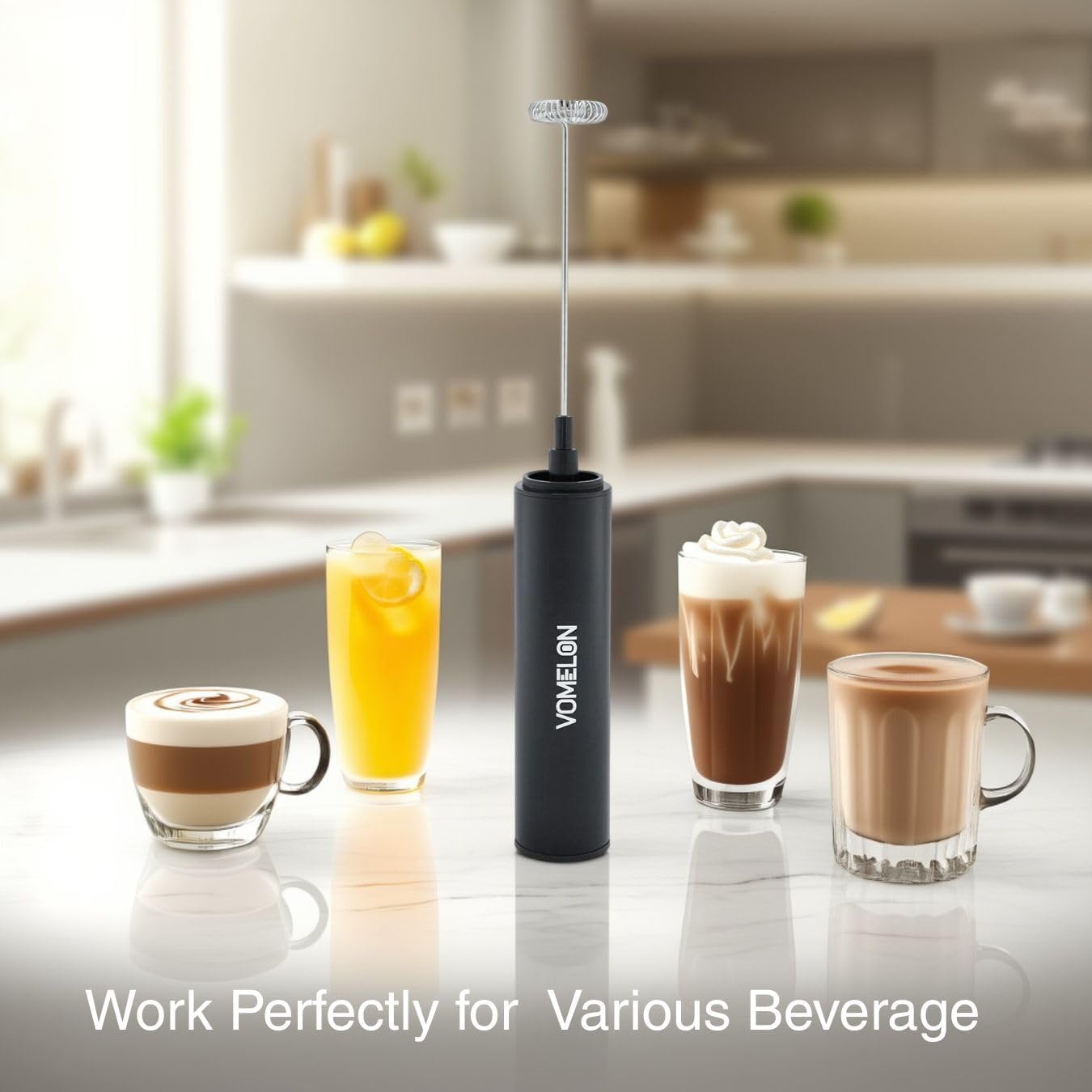 Rechargeable Milk Frother Handheld Electric Frother Wand Milk Foamer Drink Mixer for Coffee, Lattes, Cappuccino, and Egg, Stainless Steel for Travel-Black