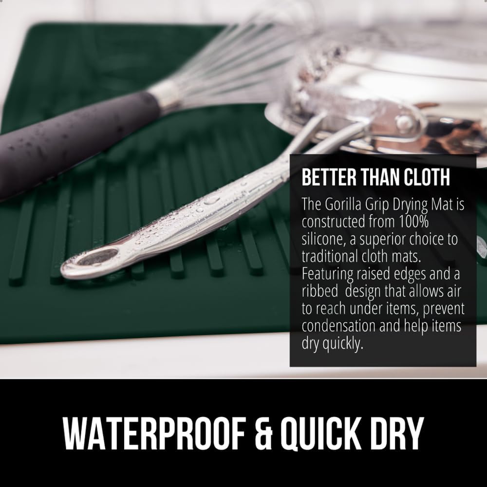 GORILLA GRIP 100% BPA-Free Silicone Dish Drying Mat for Kitchen Counter, Quick Dry, Water Catching Ribbed Design, Easy Clean Waterproof Sink Liner, Heat Resistant, Fits Under Rack, 16x12, Hunter Green