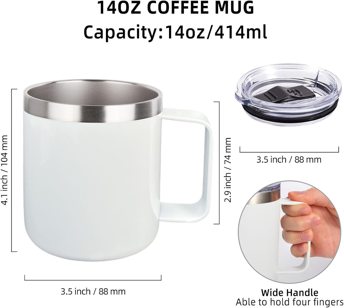 Volhoply 14oz sublimation Insulated Stainless Steel Coffee Mug with Leakproof Lid,Double Wall Vacuum Travel Cup with Handle,Reusable Metal Cups Tumbler,Camping Mugs Keep Hot/Cold(Sublimation,1 Set)