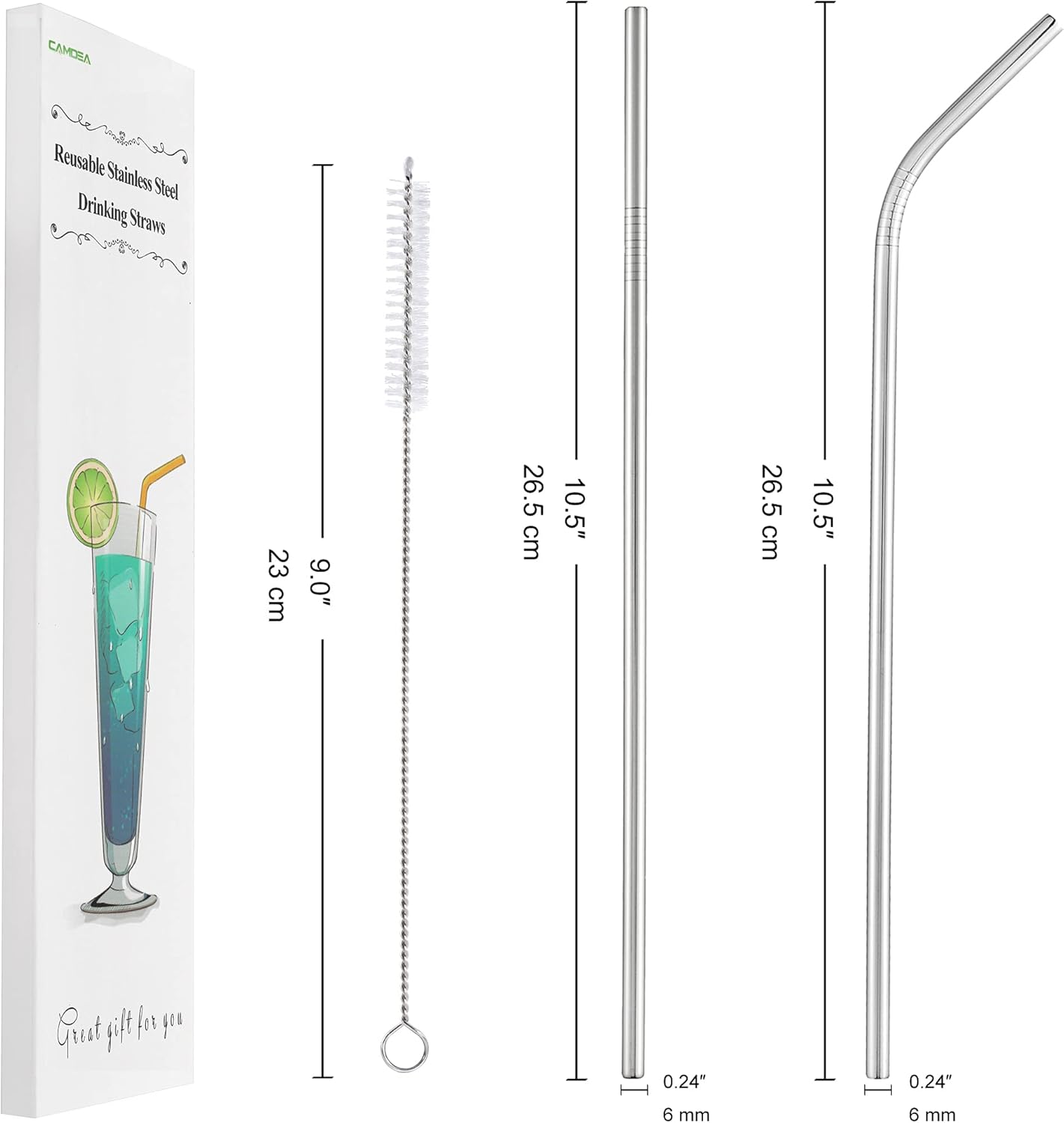 Set of 4 Reusable Metal Straws, 10.5'' Long Stainless Steel Straw with Cleaning Brushes and Case, Drinking for 30 oz and 20 oz Tumblers.
