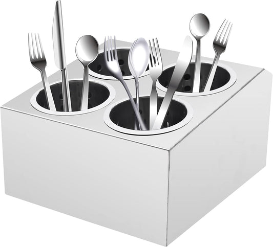 Stainless Steel Flatware Utensil Holder, Commercial 4-Hole Cylinder Silverware Organizer for Countertop Restaurant