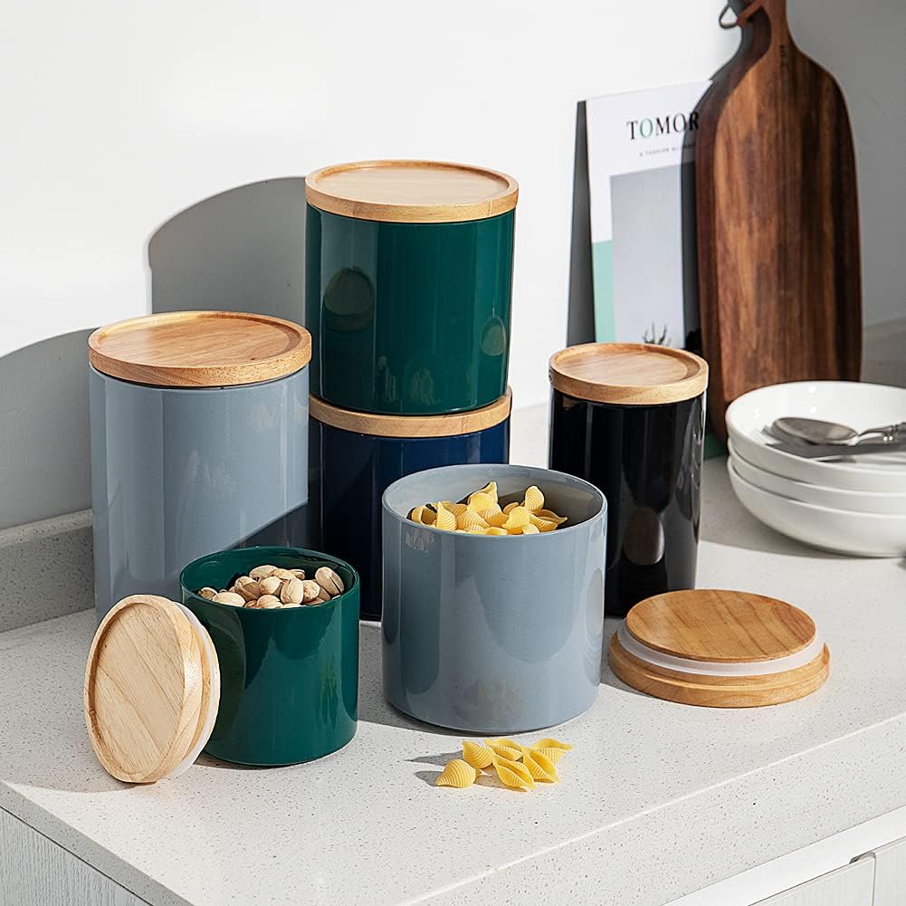 Sweejar Kitchen Canisters Ceramic Food Storage Jar, Stackable Containers with Airtight Seal Wooden Lid for Serving Coffee Bean, Flour, Tea, Spice and More - 39 Fl Oz (Jade)