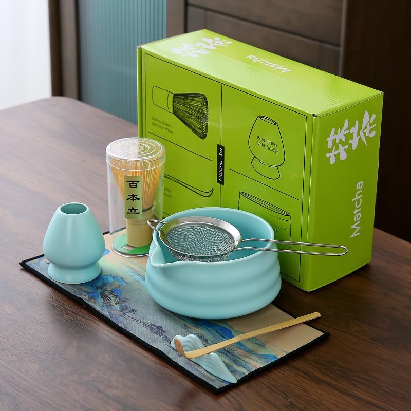 Matcha Set Matcha Whisk Matcha Bowl With Water Ladle Matcha Whisk Holder Tea Making Kit.Japanese Tea Set(7pcs)+1Spoon，Celadon Blue gift set