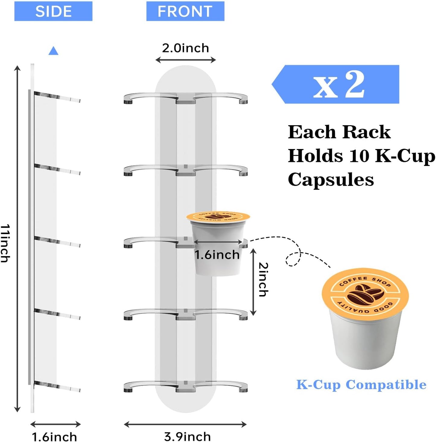 NiHome Acrylic Coffee Pod Capsule Holder for K-Cup Pods, Convenient for Coffee Machines, Space-Saving for Small Countertops - Accommodates 10 Capsules, Easy Installation, Wide Compatibility (2 Pack)