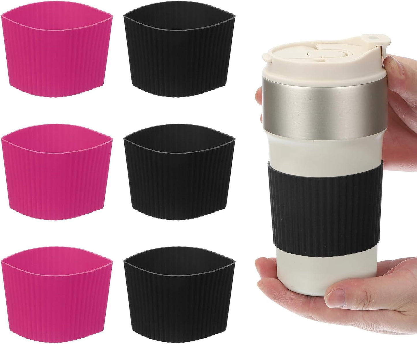 uxcell 6Pack Coffee Cup Sleeves, Reusable Silicone Heat Resistant Cup Protective Sleeve Nonslip Mug Protector Cover for Home Travel Coffee Mug Glasses Water Bottle Boots, Rose Red/Black