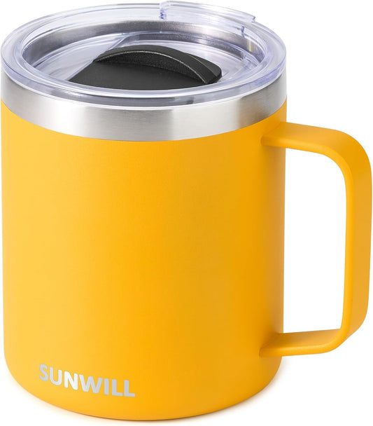 SUNWILL Insulated Coffee Mug with Lid, Travel Tumbler with Handle, 14 oz Stainless Steel Cup for Camping, Office, Home, Powder Coated Yellow