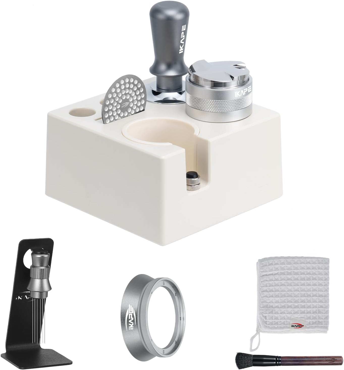 IKAPE 58MM Espresso Tamper Kit Silver 8 IN 1, Coffee Tamper Set comprising a Tamper, Distributor, Magnetic Dosing Funnel, Puck Screen, Station, WDT Tool, along with a Cleaning Towel and Brush