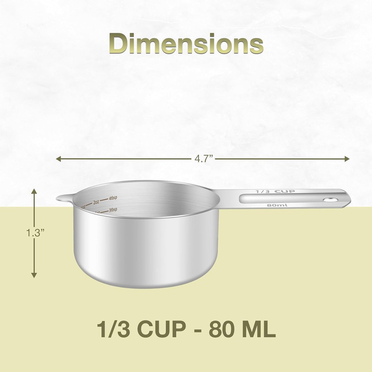 2PCS 1/3Cup (80ml, 2.6oz) Single Measuring Cup, Etched Inner Scale Stainless Steel Measure Scoop, Metric and US Measurement, Dishwasher Safe