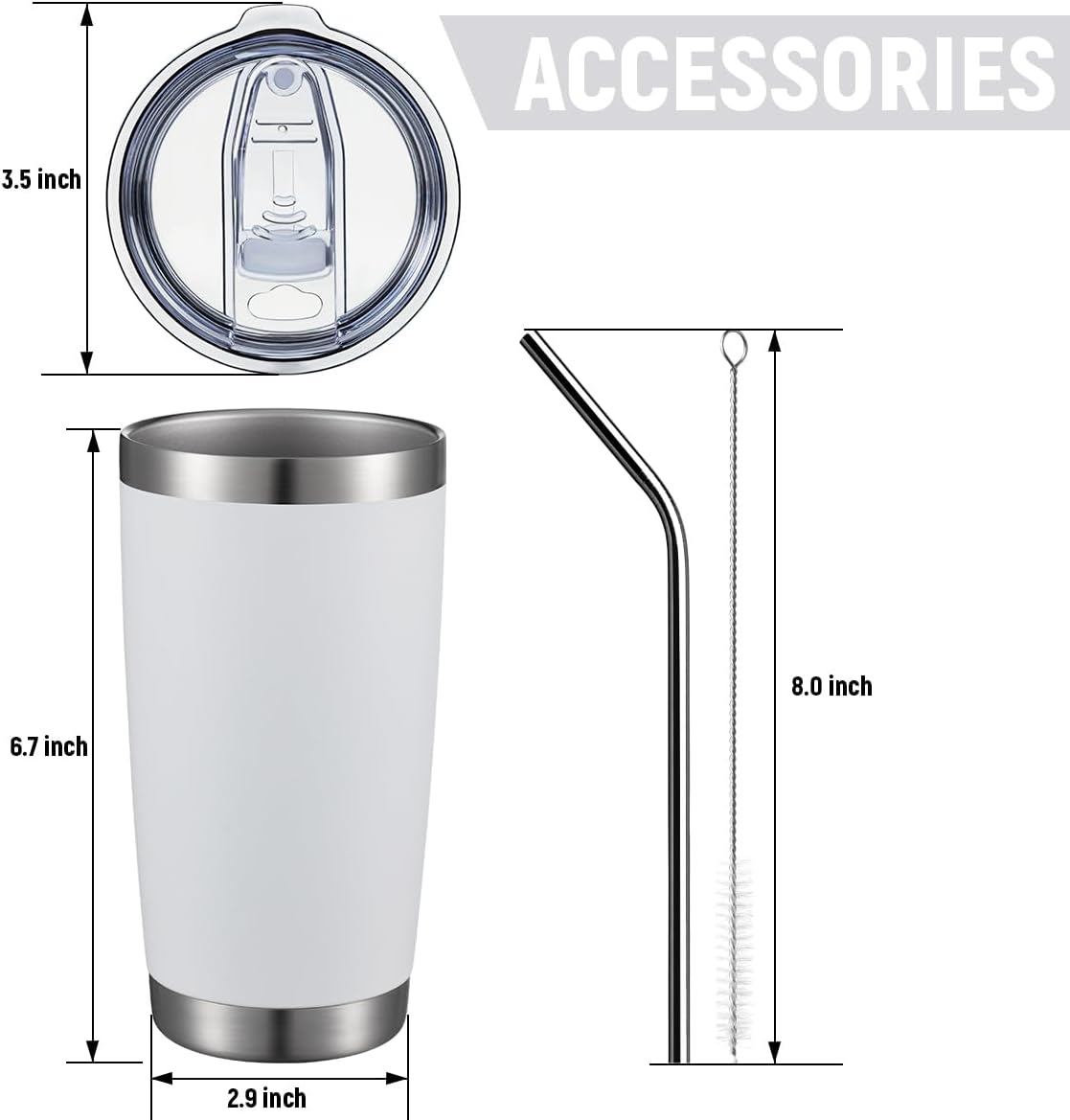 COMOOO 20oz White Tumbler Bulk with Straw Stainless Steel Insulated Coffee Tumbler Cups Double Wall Vacuum Travel Coffee Mug with Splash Proof Sliding Lid for Hot Cold Drinks (White, 4 Pack)