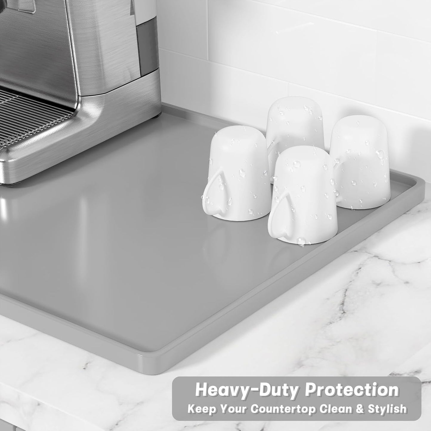 Rnivvi Silicone Coffee Mat, 12" x 19" Waterproof Raised Edge Coffee Bar Mats for Espresso Machine Station Accessories, Heat Resistant Dish Drying Pad for Kitchen Counter, Rubber Bar Decor Pad, Gray