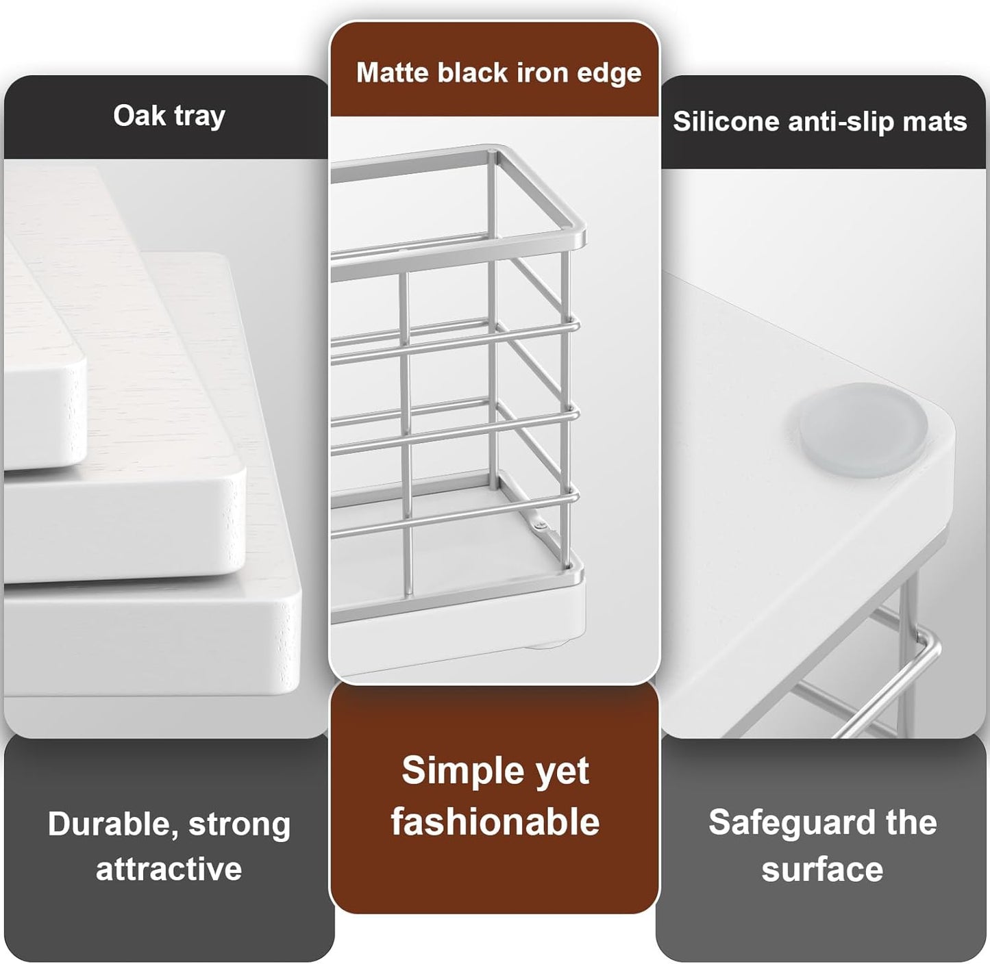 Wican Vertical Stance Bathroom Napkin Holder Takes Up Less Space for Small Guest Bathroom Oak and Iron Towel Tray for Powder Room Wooden Basket for Disposable Paper Hand Towels Silver and Matte White