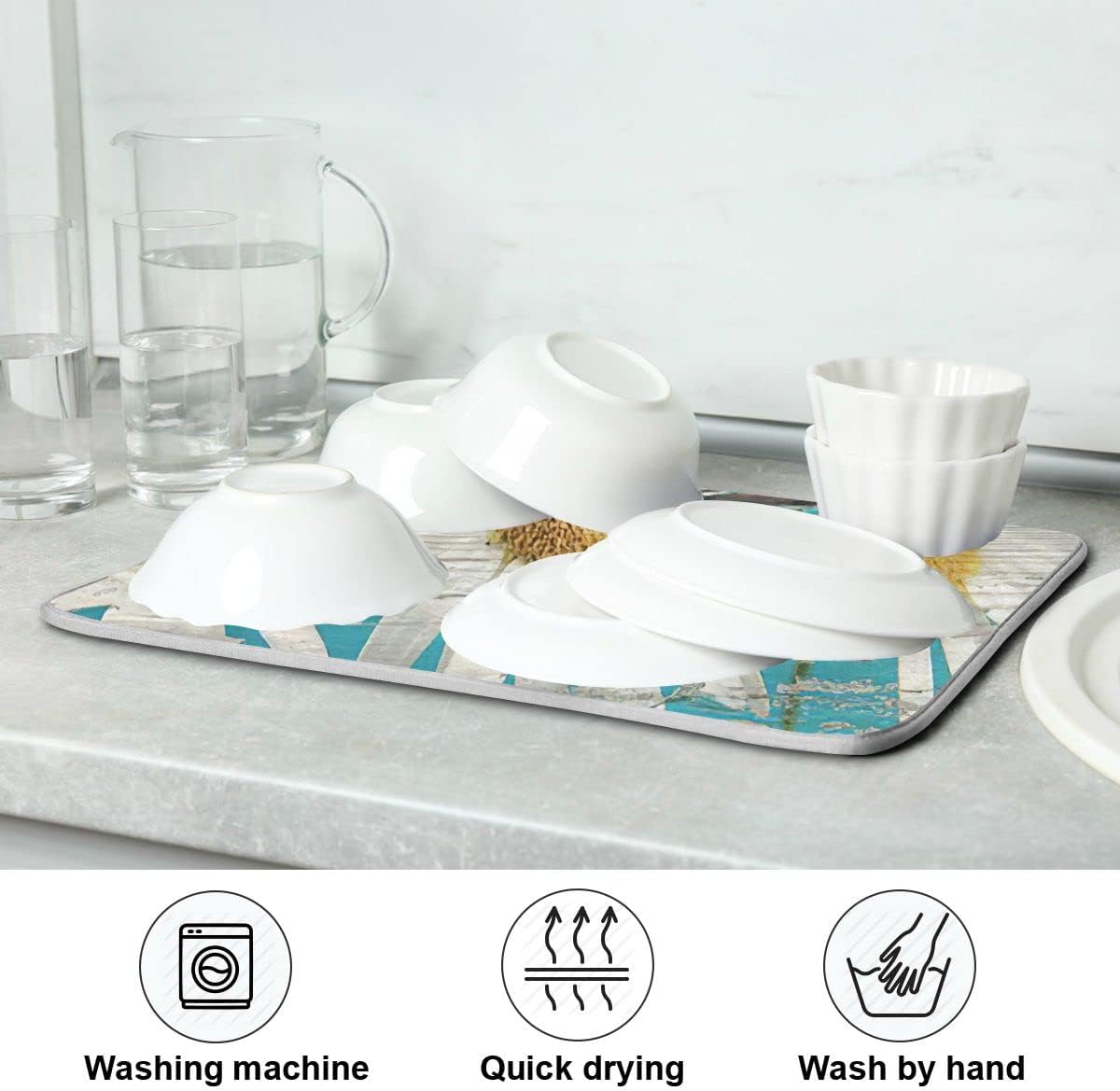 Daisy On Old Wooden Board Dish Drying Mat for Kitchen Counter Turquoise Wood Drying Mat 16 x 18 Inch with High Absorbent Reversible Microfiber Dish Drying Pad Drainer Mat for Coffee Bar